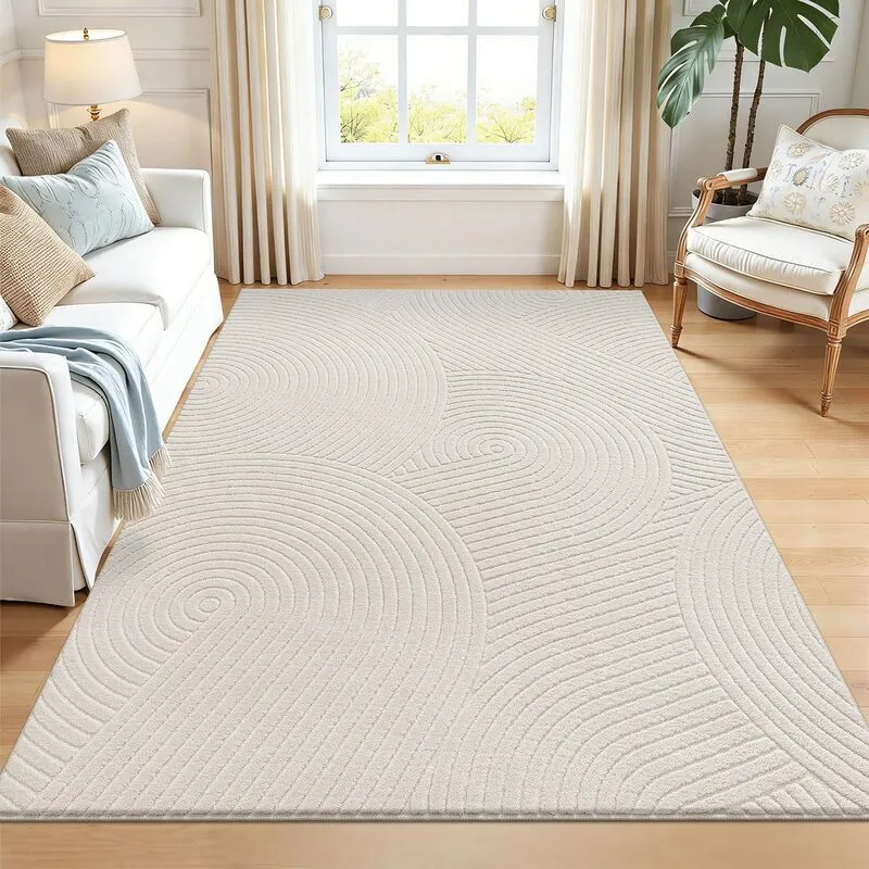 Beige minimalist wave-pattern area rug in a furnished room