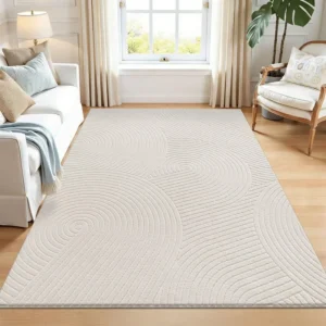 Beige wave-pattern area rug styled in a living room