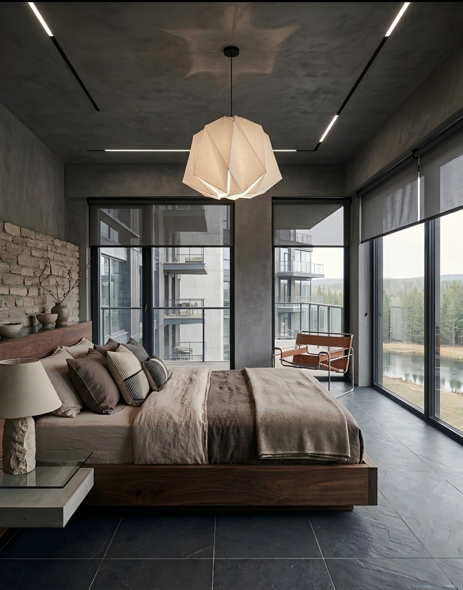 Bedroom interior with an area rug beside the bed