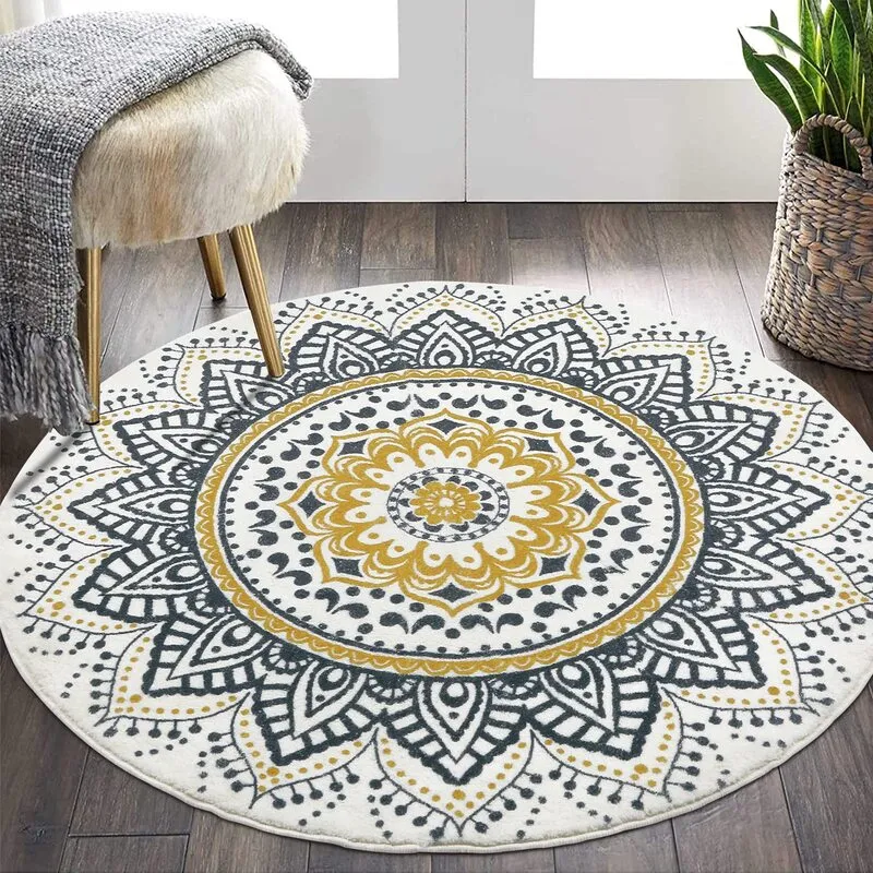 Round medallion rug beside upholstered furniture