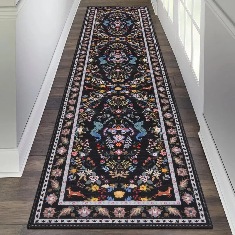 Dark floral runner along a bright hallway